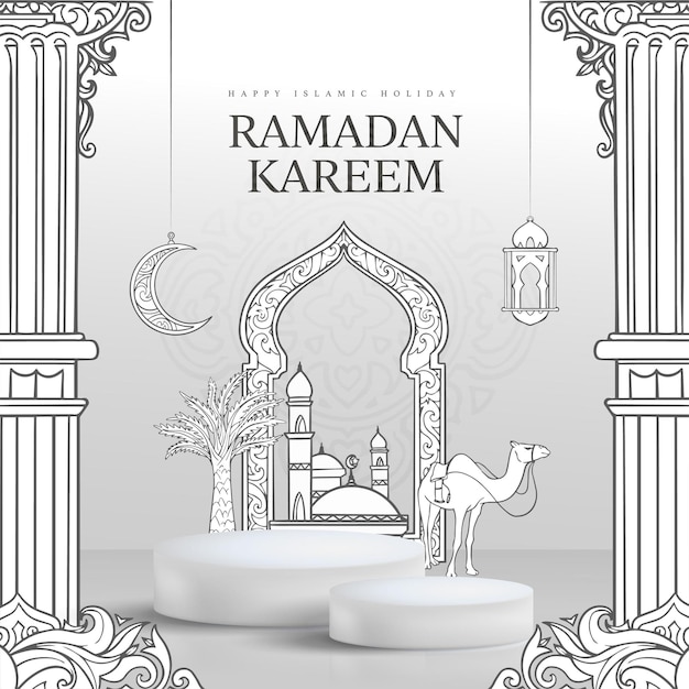 Realistyczny Ręcznie Rysowane Baner Ramadan Kareem Z Podium 3d