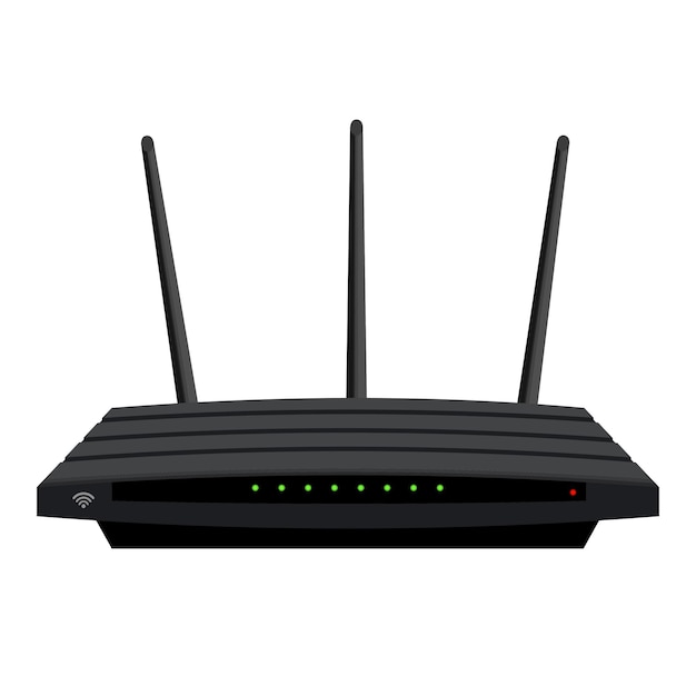 Realistyczny Router Wi-fi Z Trzema Antenami Na Białym Tle. Zielone Diody Led Na Czarnej Obudowie. Urządzenie Do Bezprzewodowej Dystrybucji Internetu. Wektor Eps 10.