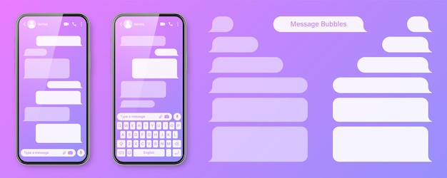 Realistyczny smartfon z aplikacją do przesyłania wiadomości na kolorowym fioletowym tle pusta czat z ramką tekstu sms