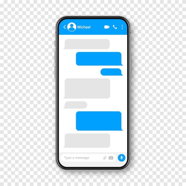 Plik wektorowy realistyczny smartfon z aplikacją do przesyłania wiadomości pusty tekst sms ramka rozmowy ekran czatu z niebieskim