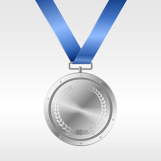 Realistyczny srebrny medal na niebieskiej wstążce: nagroda za drugie miejsce w konkursie. Srebrne trofeum