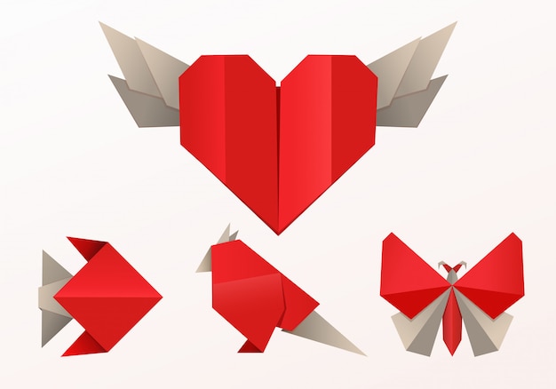 Realistyczny styl origami, motyl ryb i serce