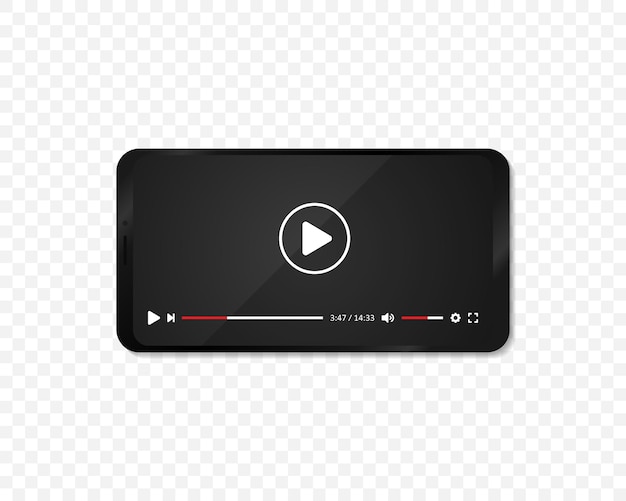 Realistyczny styl smartfona z odtwarzaczem wideo na wyświetlaczu. Odtwarzacz wideo lub aplikacja kinowa na ekranie telefonu
