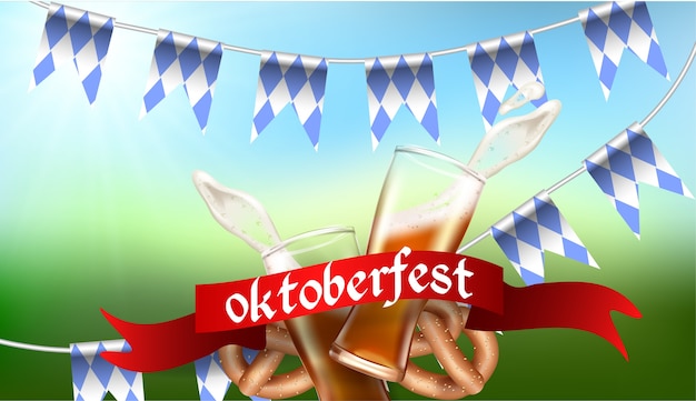 Realistyczny szablon reklamy plusk pianki i piwa ze szklanego kubka, Bretzel, flaga Bawarii, narodowa tradycja niemiecka, na rozmytym tle Oktoberfest