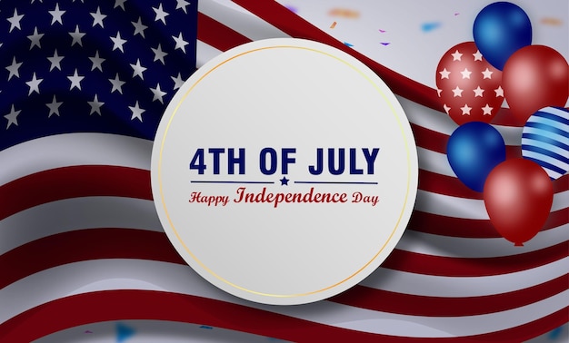 Plik wektorowy realistyczny sztandar 4 lipca amerykański dzień niepodległości z napisem na papierze koła na tle flagi amerykańskiej wektor premium