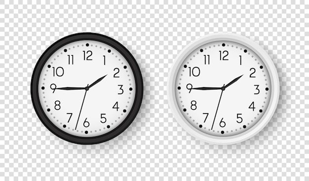 Realistyczny zegar biurowy okrągłe zegary na ścianie wektor czarno-biały zegarek na przezroczystym tle...