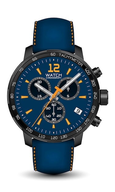 Plik wektorowy realistyczny zegarek zegar chronograf czarny stalowy niebieski skórzany pasek żółta strzałka klasyczny luksusowy wektor