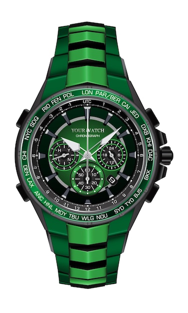 Plik wektorowy realistyczny zegarek zegar chronograf zielony czarny stalowy design moda dla mężczyzn luksusowa elegancja na białym tle ilustracji.