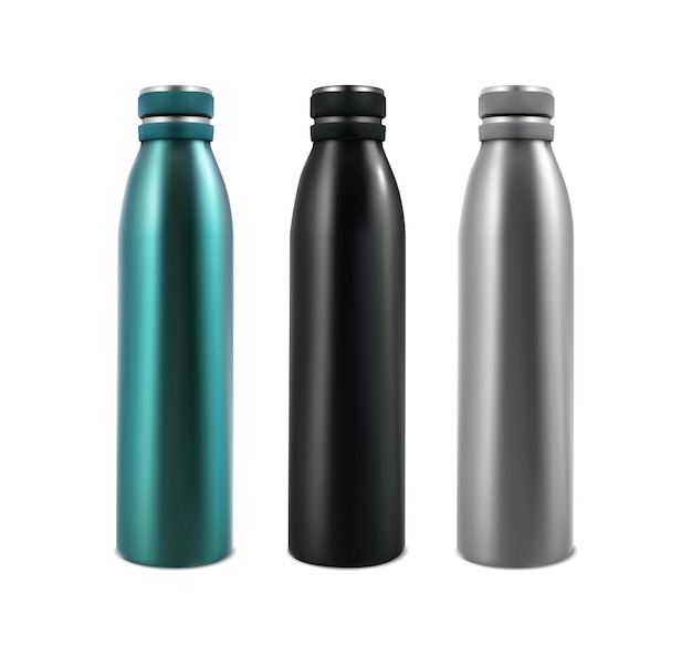 Plik wektorowy realistyczny zestaw ikon wektorowych butelka sportowa srebrna czarno-zielona plastikowa butelka do picia