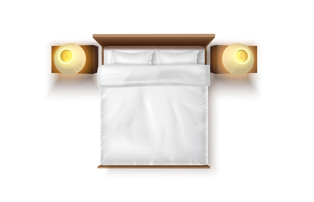 Realistyczny Zestaw Ikon Wektorowych łóżko King Size Z Materacem Z Bocznymi Stolikami I Lampkami