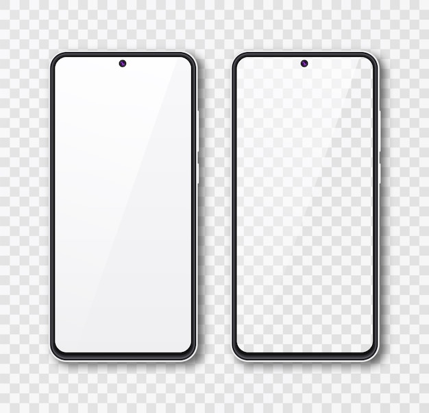 Realistyczny zestaw makiet smartfona. Wyświetlacz telefonu komórkowego na białym tle na białym szarym tle. Ilustracja szablonu 3D.