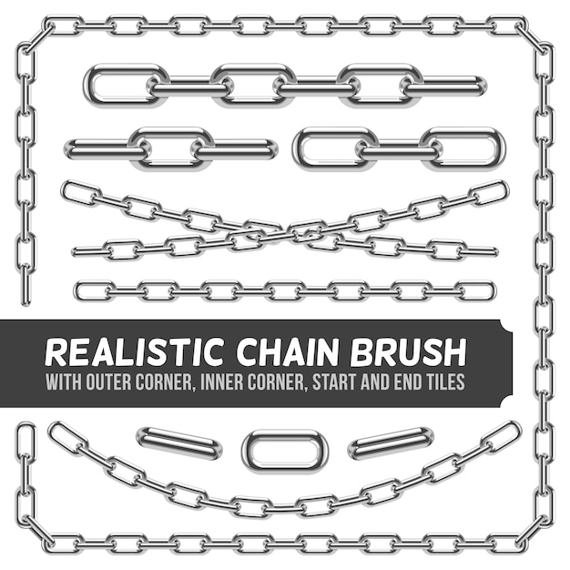 Realistyczny Zestaw Metalowych łańcuszków, Srebrne łańcuszki. łącze Przemysłowe I Linia Illustra O Wytrzymałości Metalicznej