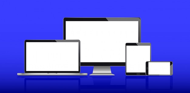 Realistyczny zestaw monitora, laptopa, tabletu, smartfona na niebiesko