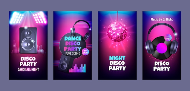 Plik wektorowy realistyczny zestaw szablonów dla imprez disko i historii na instagramie