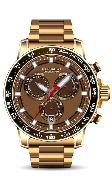 Plik wektorowy realistyczny złoty brązowy zegar zegarek chronograf pasek na twarz białe tło projekt luksusowa moda męska