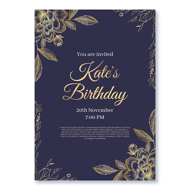 Plik wektorowy realistyczny złoty luksusowy szablon zaproszenia urodzinowego