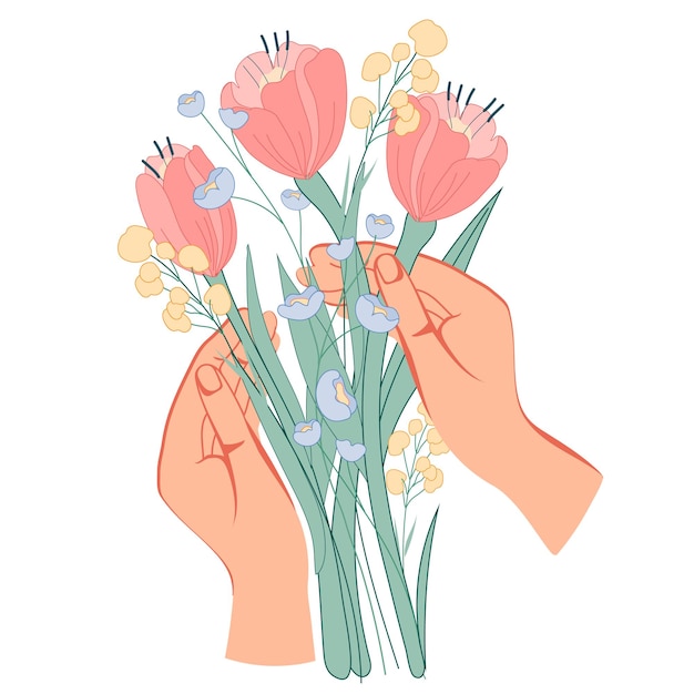 Ręce Kobiety Z Dzikimi Wiosennymi Kwiatami Obraz Na Letnie I Wiosenne Karty I Nadruki