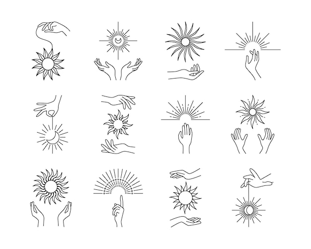 Ręce Linii Z Elementami Ezoterycznymi I Astrologicznymi Słońc W Stylu Vintage Geometria Słońca Zarys Graficzny Wektor Zestaw