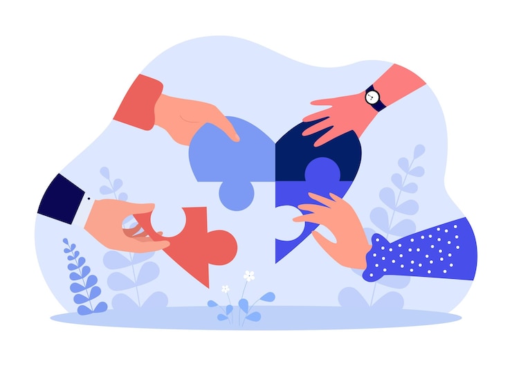 Ręce ludzi tworzących serce z puzzli. Ilustracja wektorowa płaski metafora relacji międzyludzkich. Nadzieja, przyjaźń, koncepcja pracy zespołowej dla banera, projektu strony internetowej lub strony docelowej
