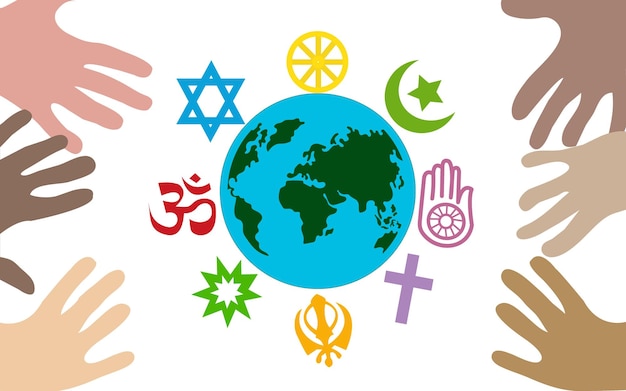 Plik wektorowy ręce na całym świecie i symbole religii. ilustracja wektorowa.