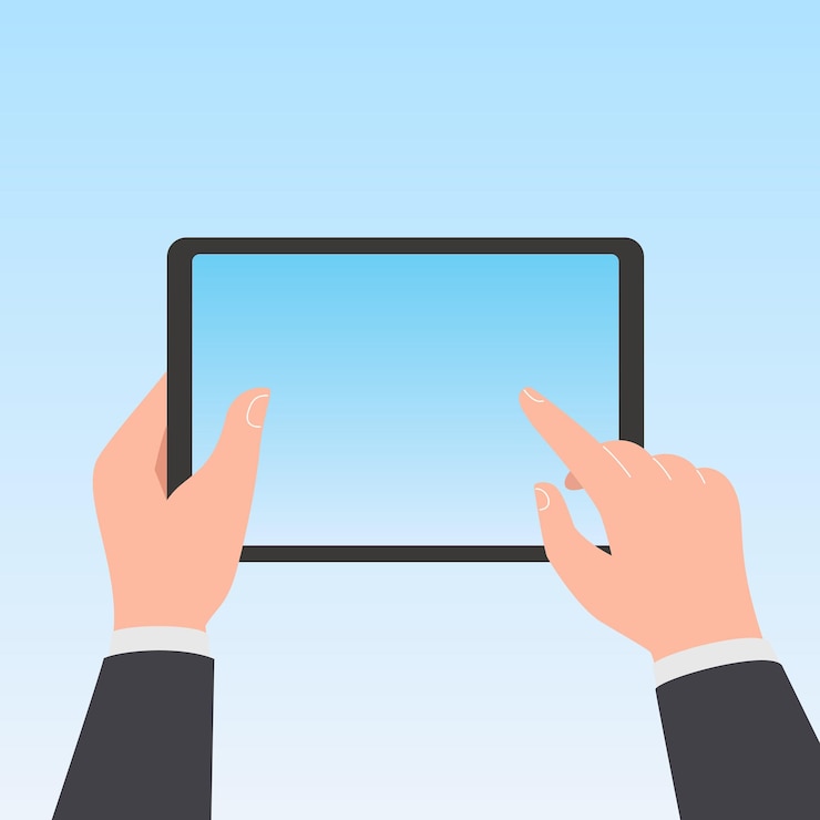 Wektor ręce otwierające komputer tablet z pustym ekranem używanie tabletu cyfrowego dotyk na pustym ekranie z
