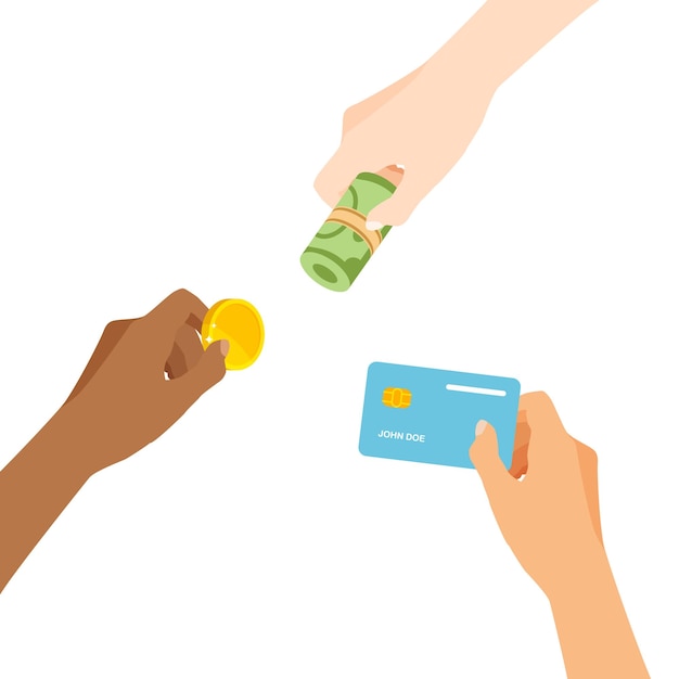 Plik wektorowy ręce płacą w inny sposób przedsiębiorca trzymający pieniądze w ręku karta kredytowa bezkontaktowa