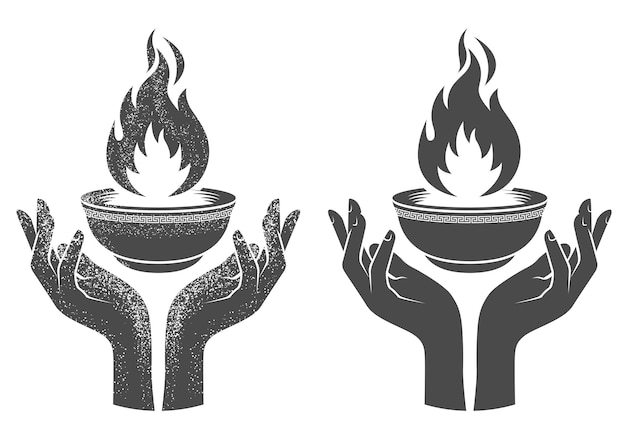 Plik wektorowy ręce podtrzymujące miskę ze świętym ogniem udzielające błogosławionego płomienia przez wektor prometeusza