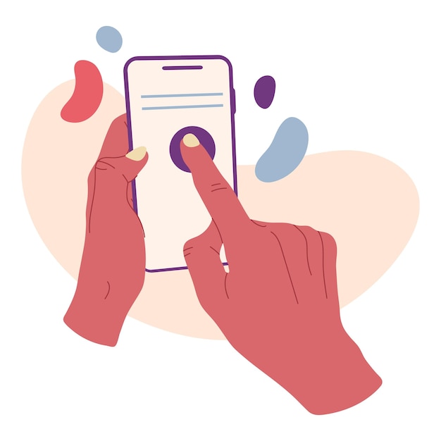 Ręce przewijanie ekranu smartfona Ludzka ręka trzymająca telefon komórkowy telefon komórkowy w rękach płaskiej ilustracji wektorowych na białym tle
