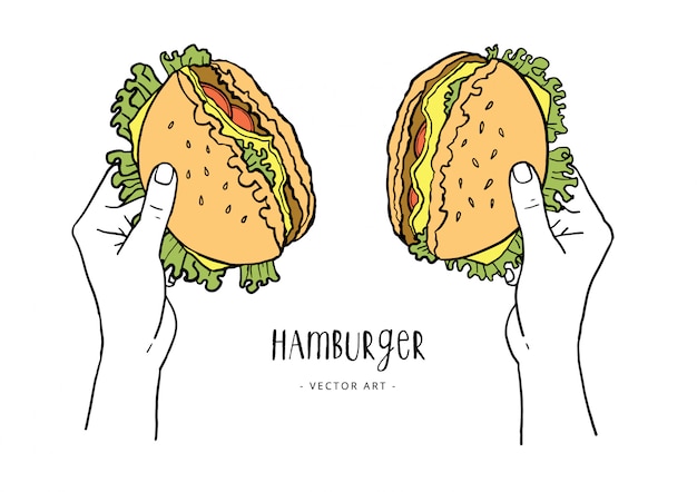 Plik wektorowy ręce rozrywają hamburgera na pół