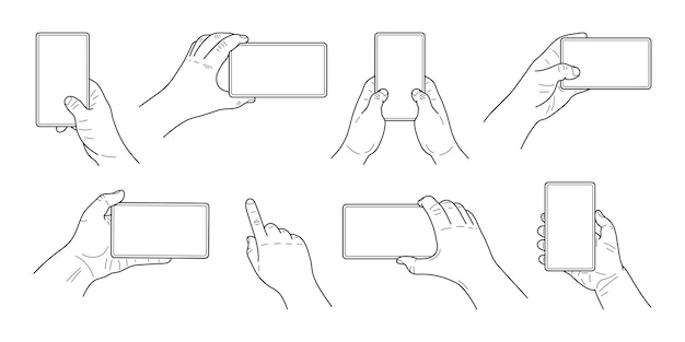 Ręce Trzymają Smartfony. Zestaw Rąk W Różnych Pozycjach. Graficzne Linie Szkicu I Obrysy. Gryzmolić. Wektor.