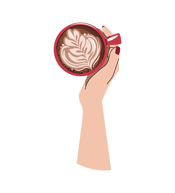 Wektor ręce trzymające drinka kawy widok z góry latte cappuccino americano gorący napój kawowy z obrazem w kubku płaska ilustracja kreskówki izolowana na białym tle