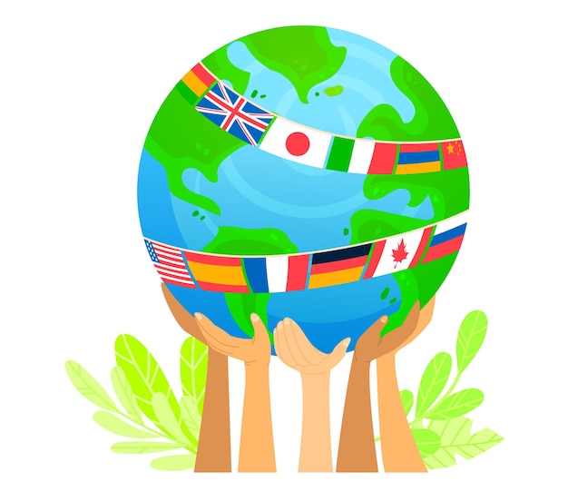 Plik wektorowy ręce trzymające glob z międzynarodowymi flagami jedność i wektor koncepcji ochrony środowiska