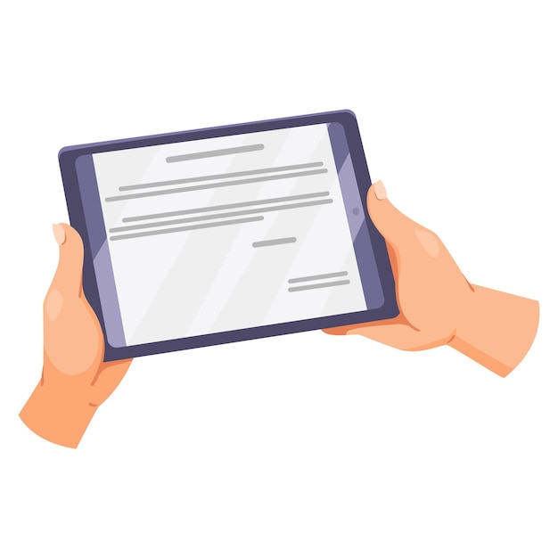 Ręce trzymające tablet z wyświetlaczem tekstu na ekranie ilustracja wektorowa