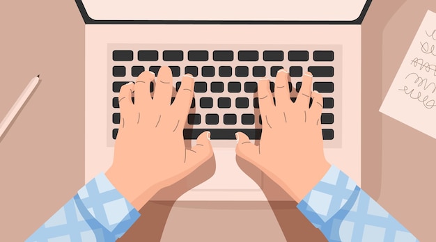 Plik wektorowy ręce w pracy za klawiaturą laptopa z przy stole miejsce pracy w domu