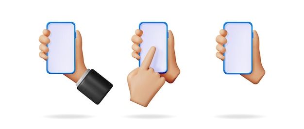 Ręce wektorowe 3D trzymające smartfon dotykające pustego ekranu Technologia mobilna