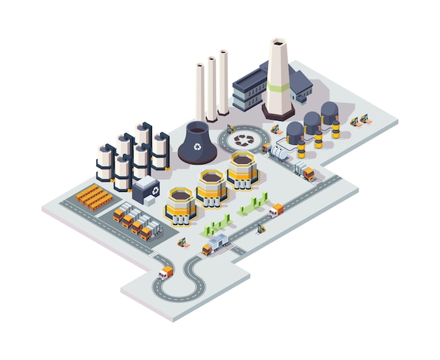 Recykling fabryki śmieci. Przemysłowy zakład chemiczny architektoniczny wektor lowpoly 3d izometryczne budynki. Ilustracja izometryczny recykling, zanieczyszczona i przemysłowa usługa