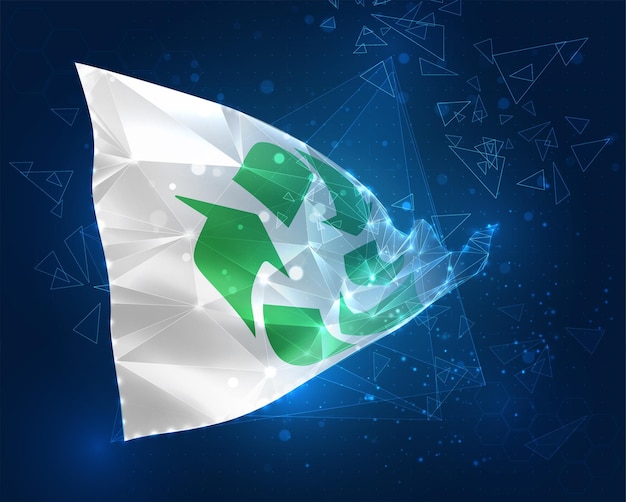 Recykling śmieci wektor flaga wirtualny abstrakcyjny obiekt 3D z trójkątnych wielokątów na niebieskim tle