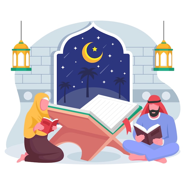 Recytacja Koranu w specjalnej nocy Qadr koncepcja para czytanie oświetlone wersety religijne wektor