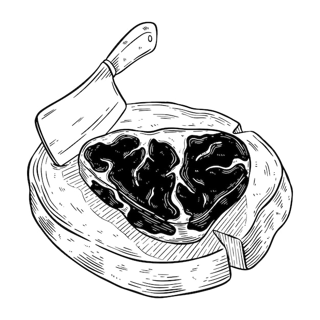 Plik wektorowy ręczne rysowanie surowego mięsa pokrojonego na desce do krojenia