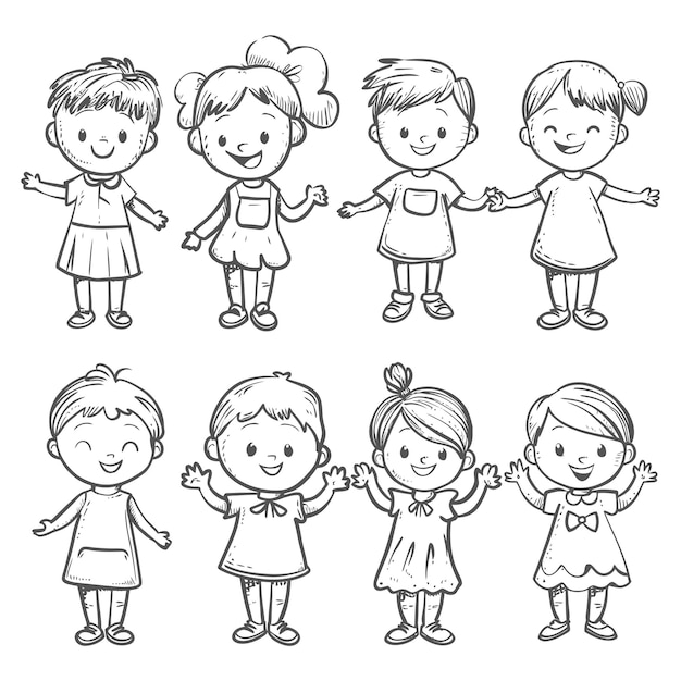Plik wektorowy ręczne rysunki uroczych dzieciaków w stylu doodle ilustracja tylko czarny kolor