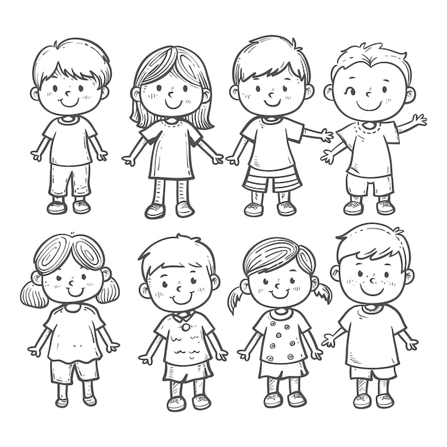 Plik wektorowy ręczne rysunki uroczych dzieciaków w stylu doodle ilustracja tylko czarny kolor