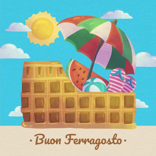 Ręcznie Malowana Akwarelowa Ilustracja Buon Ferragosto