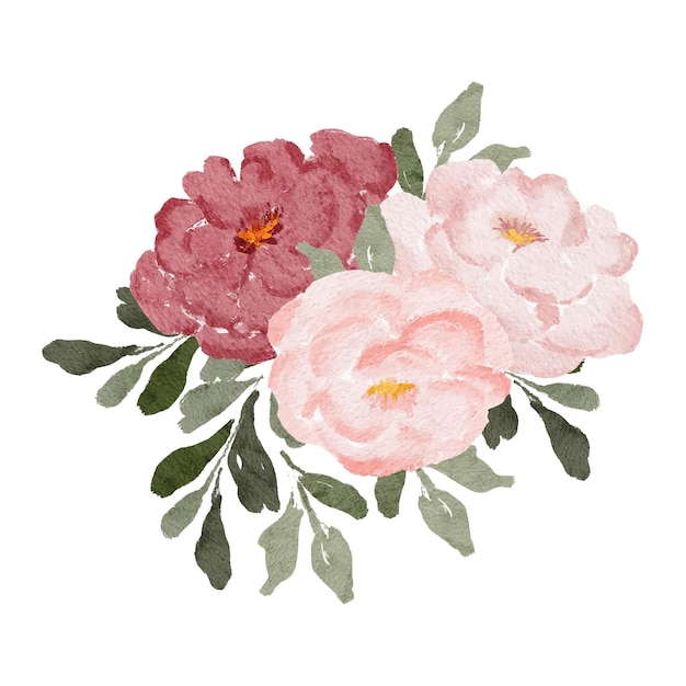 Ręcznie Malowana Róża Piwonia Kompozycja Kwiatowa Ilustracja Bukiet Akwarela