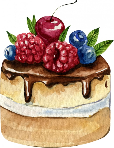 Plik wektorowy ręcznie malowane akwarela ciasto z wiśnią, jagodą i malinami