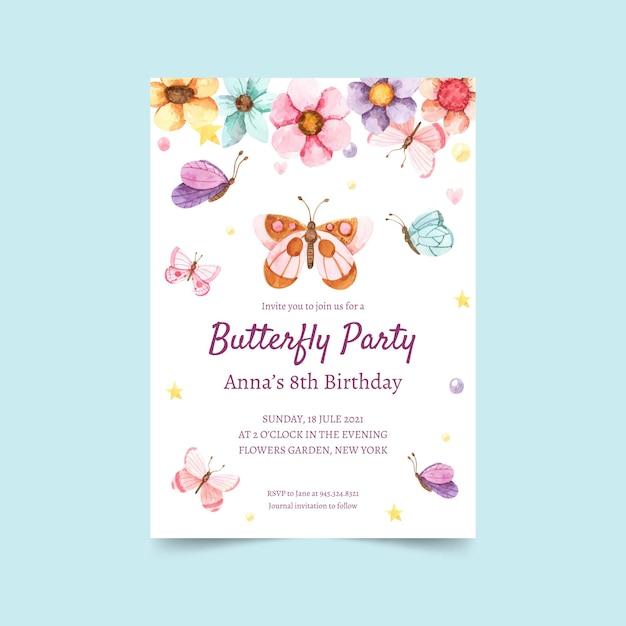 Plik wektorowy ręcznie malowane akwarela motyl szablon zaproszenia urodzinowe