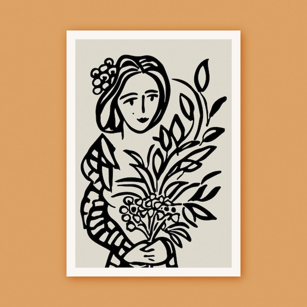 Ręcznie malowane czarnym atramentem portret kobiety z kwiatami Szalona roślina Lady plakat