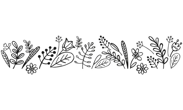 ręcznie narysowana granica z roślin wektorowych brunch kwiatów szkic liści kwiatów pąków zioła inkośniona sylwetka liści monochromatyczna ilustracja izolowana na białym tle