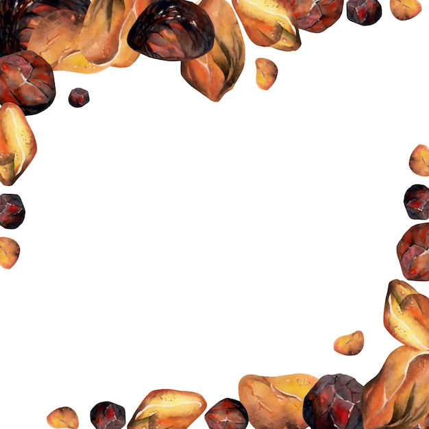 Ręcznie Narysowana Ilustracja Akwarelowa Cenny Półcenny Klejnot Klejnot Kryształ Czakra Kamień Narodzin Amber Granat Słoneczny Kwadratowa Ramka Izolowana Na Białym Tle Projekt Drukarnia Biżuteria Moda