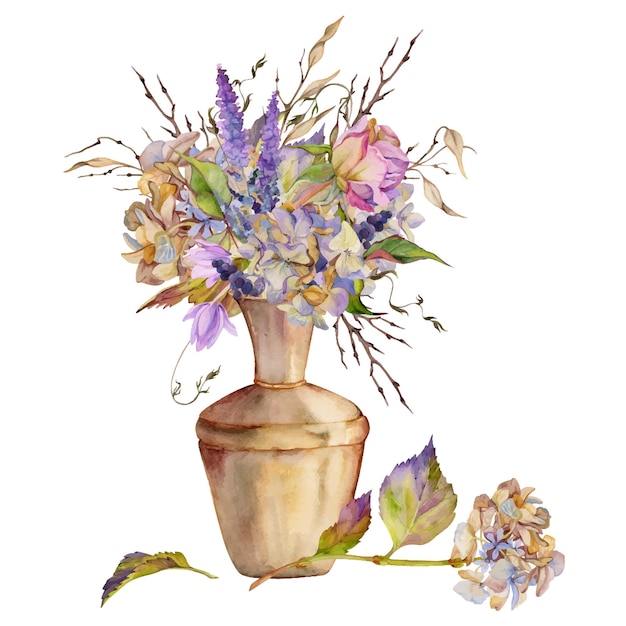 Ręcznie narysowana ilustracja akwarelowo-boho botaniczne kwiaty liście rose ivy hydrangea veronica