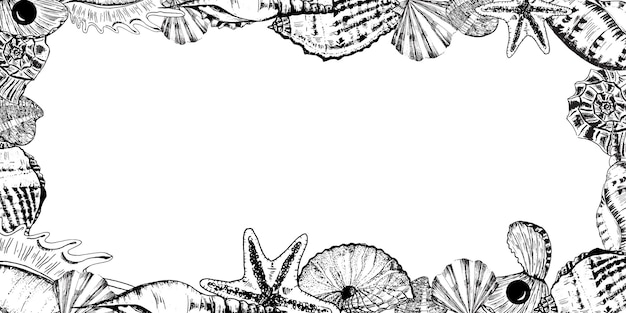 Ręcznie narysowana ilustracja atramentem czarno-biała prostokątna ramka z gwiazdami i perłami wektorowymi